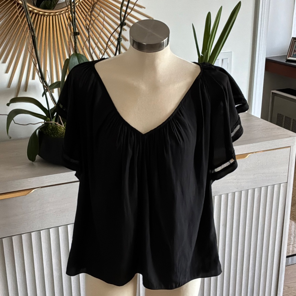 Ramy Brook Black V-Neck Short Flutter Sleeve Blouse